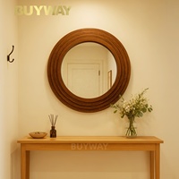 Miroir mural rond en bois massif de 80 cm, cadre sculpté à plusieurs niveaux, décoration murale nordique Japandi pour entrée et salon