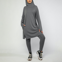 Ensemble de sport pour femmes musulmanes, style modeste personnalisé, gris pierre, comprenant un haut tunique à capuche et un pantalon moulant, vêtements de sport musulmans, logo personnalisé, commande en gros