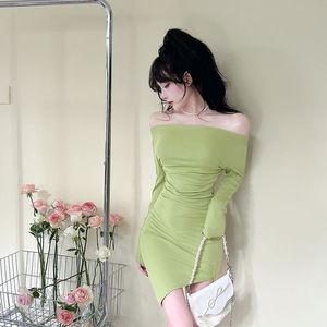 Off Shoulder Long Sleeve Bodycon Dress Solid Color Asymmetric Club Dress Red Green Black Women's Short Skirt Elegant Nightclub - Product Image 2
