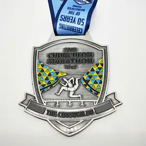 Custom Boksen Medailles 3D Reliëf Logo-Zinklegering Antiek Zilver Marathon Sport Trophy Coin Medaille