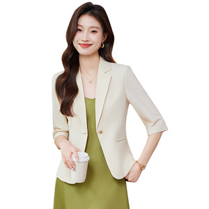 Women's 3/4 Sleeve Blazer Light Blue Solid Color Anti-Wrinkle Slim Fit Suit Jacket For Office Commuters - Product Image 5