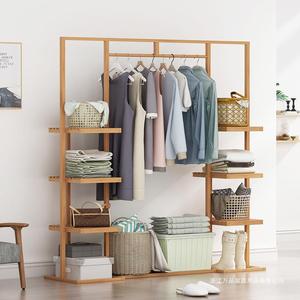 Bamboo Floor Standing <b>Clothes</b> <b>Rack</b> With Storage Shelves For Living Room And Bedroom Multifunctional Space Saving Design - Product Image 3