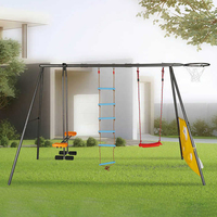 Ensemble de jeu d'extérieur multi-activités pour enfants avec cadre métallique, balançoire, toboggan, échelle en corde, panier de basket et mur d'escalade