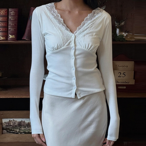 Top de Punto con Cuello en V y Botones Delanteros, con Encaje y Parches, Elegante, Ajustado a la Cintura, de Manga Larga, para Otoño e Invierno - Product Image 4