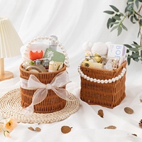 Panier en osier pour demoiselle d'honneur, panier de rangement en rotin tressé avec poignées en perles, pour fleurs artificielles, cadeaux, mariage, maison, jardin