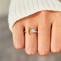 Bague délicate en argent S925 plaqué or 18 carats avec opale lunaire, bague ouverte céleste en argent sterling 925