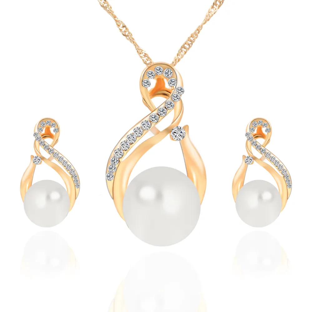 Gift Christmas Fashion Jewelry Simulated 925 Silver Gold Plated Necklace Earrings Two Piece Freshwater Pearl Jewelry Sets