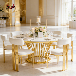 ชุดโต๊ะรับประทานอาหารทรงกลมดีไซน์หรูหราทันสมัย ท็อป MDF โครงเหล็กกล้าไร้สนิมสีทอง เหมาะสำหรับงานอีเว้นท์และปาร์ตี้ - Product Image 3