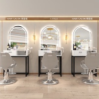 Ensemble de mobilier de salon de coiffure portable moderne avec table de coiffage de luxe à LED, miroir et rangements personnalisés, miroirs assortis pour usage hôtelier et salle de bain