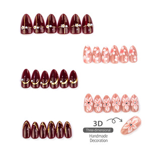 30 pièces de faux ongles à presser exquis, forme amande, effet œil de chat perlé, fleurs sculptées 3D, feuille d'or, vente en gros - Product Image 4