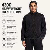 Sweat-shirt zippé en molleton pur coton 430 GSM, col montant, coupe ample, poids lourd, pour homme, style décontracté américain, vente en gros