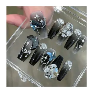 XianXing Newest Design 3D Star Diamond Black Color Faux Nails Full Cover Long Coffin False Nails Handmade Art Press On Nails