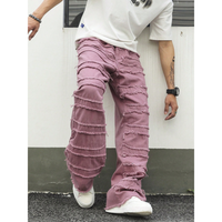 Jean large à jambes larges pour homme, couleur mauve, à volants, délavé, franges multi-couches, denim baggy, streetwear, tendance, pantalon ample, lavage