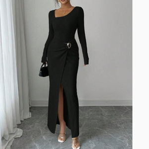 Abito Lungo Elasticizzato da <span class=keywords><strong>Donna</strong></span> Autunno Inverno Stile Vintage Texture Lavorata a Maglia Antistatico Casual Maxi Dress - Product Image 5