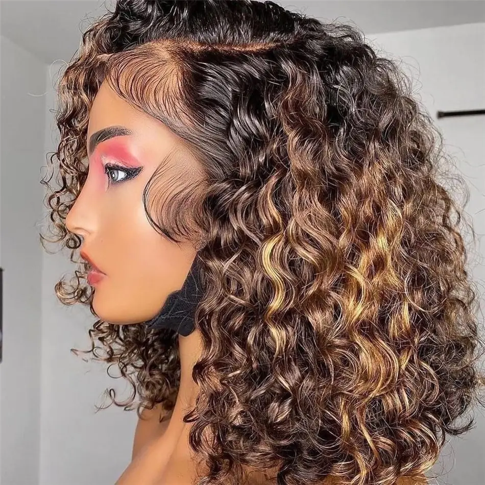 Kinky Curly Highlight Short Bob Wigs Human Hair Lace Front Brazilian HD Lace Frontal Wigs Pixie Cut Human Hair Wigs Wholesale