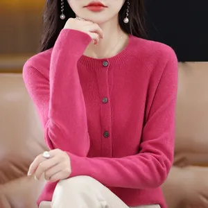 Chaqueta de punto de botón suéter de punto de color sólido Premium para mujer