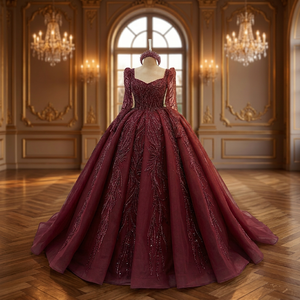 Vestido de gala de gasa color burdeos con escote corazón y cuentas, manga larga, estilo vintage, largo hasta el suelo, con cola catedral/real y cremallera. - Product Image 2