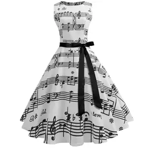 Musik Catatan Cetak Gaun Tanpa Lengan Wanita Musim Panas Ayunan Besar 50S 60S Gaun Vintage Gaun Pesta Patchwork Elegan Vestidos