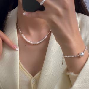 Collier en argent S925 avec perle française pour femmes, design élégant et simple avec argent cassé et perles, bijoux pour l'été D9691 - Product Image 1