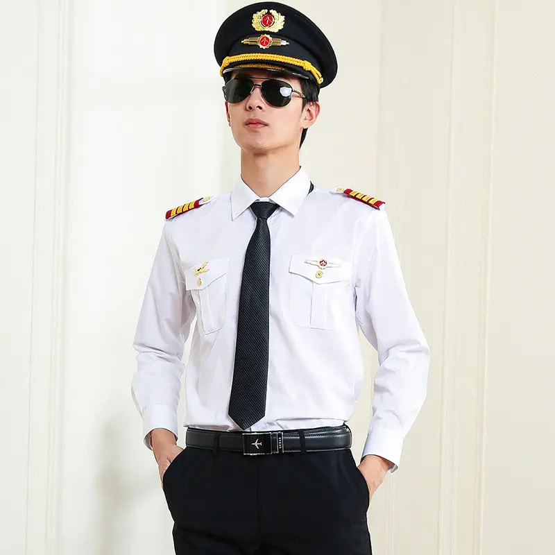 Wholesale White classic Long sleeve Men's pilot uniform shirt Airline Uniforms