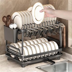 Factory Custom 2 Tier <b>Utensil</b> <b>Holder</b> Dish and Bowl Storage Drainer Drying Organizer Rack With Drain Spout for <b>Kitchen</b> Counter - Product Image 4