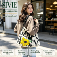 Sac fourre-tout en toile imprimé lettres artistiques, sac à bandoulière motif tournesol, grande capacité, sac de courses réutilisable, logo personnalisé, vente en gros OEM