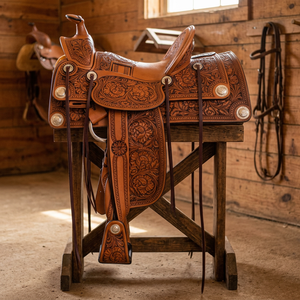 Selle d'équitation anglaise BS International NA82 en cuir véritable avec design gravé, arbre en bois durable et acier inoxydable SUS304 pour chevaux - Product Image 1