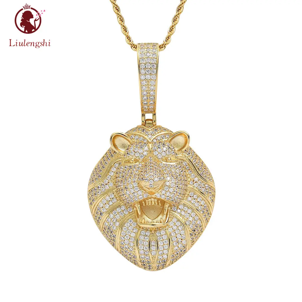 Retro Rock Hip Hops Punk Iced Out Bling CZ Lion Head Necklace Micro Inlay Cubic Zirconia Wild Lion King Pendant Necklace