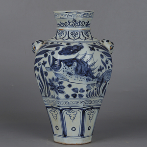 Jarrón de Porcelana de Cerámica de Reproducción Antigua China de <span class=keywords><strong>la</strong></span> Dinastía Yuan, Azul y Blanco con Patrón de Peces, Decoración de Mesa - Product Image 2