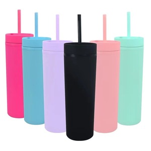 Vaso Ecológico Personalizado de Doble Pared de 16 oz, Vaso de Plástico Reutilizable, Vaso Delgado de Acrílico Mate <span class=keywords><strong>con</strong></span> Tapa y Pajita - Product Image 1