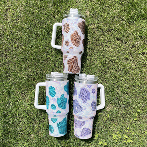 Thép Không Gỉ Bò In Rhinestone Bling Cốc Chân Không Cách Nhiệt Studded Cốc Cốc Cà Phê Với Xử Lý Và Rơm - Product Image 5