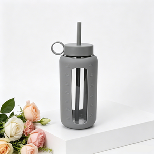 Glasflasche mit Silikonhülle, Wasserbecher mit Tragegriff und Strohhalm-Deckel, Rutschfeste Outdoor-Sportflasche mit <span class=keywords><strong>Zeitskala</strong></span> - Product Image 6