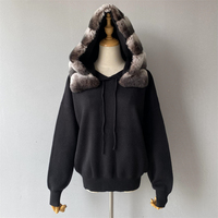 Chandail en laine douce tricoté avec col en fourrure de lapin véritable en stock Ensembles de chandails en laine à col roulé pour femmes avec fourrure