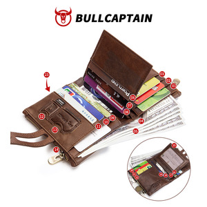 BULLCAPTAIN Genuine Leather <b>RFID</b> <b>Men</b> <b>Wallet</b> Credit Business Card Holders Double Zipper Cowhide Leather <b>Wallet</b> Purse Carteira - Product Image 3