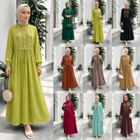 Abaya pour femmes musulmanes avec cordon de serrage à la taille, broderie, manches lanternes, poche, robe maxi islamique modeste