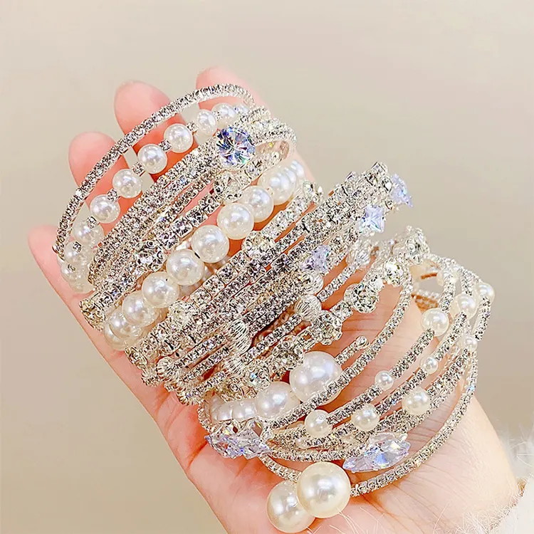 Gelang berlian imitasi gaya baru untuk wanita bertatahkan berlian gelang mutiara ganda melingkar