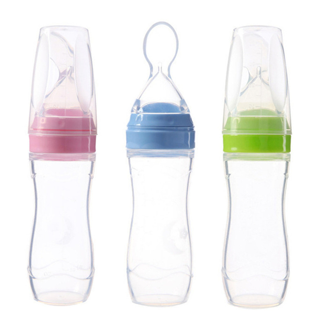 Custom Logo 120ML Baby Training Milk Rice Paste Squeeze Feeder Dispensing Spoon Silicone Squeeze Baby Bottle With Spoon