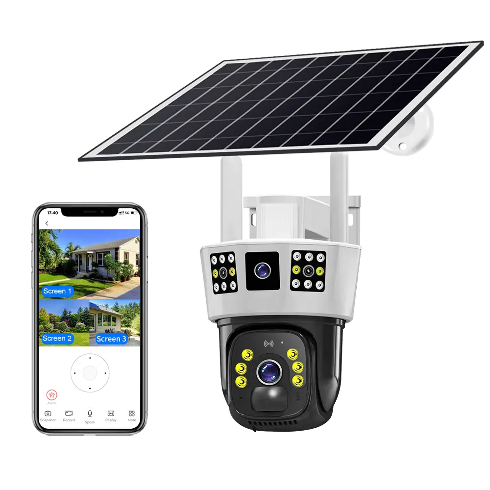 Caméra de vidéosurveillance solaire V380 à double objectif pour l'extérieur, interphone vocal bidirectionnel WiFi, PTZ, 3 images, Camera-4.0MP réseau Wifi