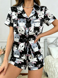 Pigiami in Raso da Donna con Stampa <span class=keywords><strong>Gatto</strong></span>, Set Estivi Corti Casual, Personalizzazione OEM - Product Image 2