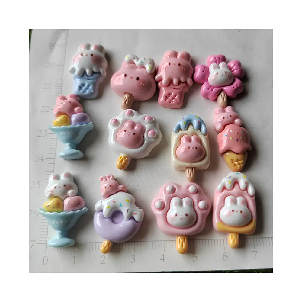 Yeni tavşan tema gıda dondurma Donut pençe düz geri reçine DIY zanaat dekorasyon için Mini oyuncaklar takı boncuk