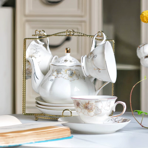 Gran oferta, juego de té de cerámica de lujo, taza y platillo de porcelana, tetera con soporte de hierro, juegos de <span class=keywords><strong>café</strong></span> y té - Product Image 6