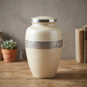 Urne funéraire européenne en métal argenté pour animaux de compagnie adultes, vase crématoire écologique et biodégradable de 220 pouces cubes, style indien - Product Image 1