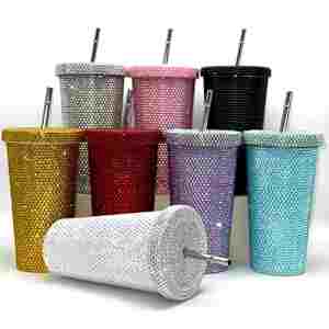 Vaso Térmico de Plástico con Brillo y Diamantes de Imitación, con Pajita, para Fiestas, Tazas de Viaje, en Rosa, Negro, Dorado, Morado y Multicolor - Product Image 6