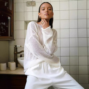 Maglietta autunnale a maniche lunghe con tromba da donna, maglione <span class=keywords><strong>trasparente</strong></span>, maglione da donna, pullover a <span class=keywords><strong>maglia</strong></span> sottile Oversize - Product Image 4