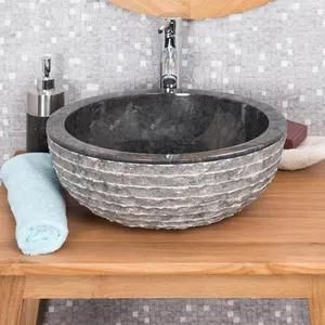 Lavabo redondo de mármol y piedra gris, encimera de baño, hecho en China, lavabo de Arte de piedra natural, precio barato