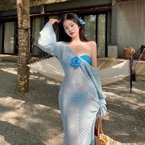 ชุดคลุมว่ายน้ำไบย่าไทย กระโปรงยาว ชุดสามชิ้น เอวยางยืด สายคล้องคอ สีพื้น ลายดอกไม้ ชุดใส่ไปเที่ยวชายหาด - Product Image 2