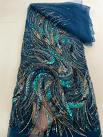 Tissu en tulle vert olive à motif paon NI.AI, dentelle lourde brodée de perles, de paillettes et de pierres, pour robe de mariée africaine ou de soirée.
