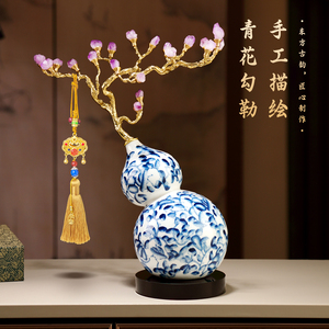 Adorno de Calabaza de Porcelana Azul y Blanca con Rama de Cristal Morado, Decoración de Cerámica, Regalo de Inauguración de Casa - Product Image 4