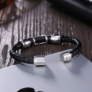 European American Punk Unisex Titanium Steel Magnetic Buckle Genuine Leather Woven Flower Cross <b>Bracelet</b> Gift 18K Gold Plated - Product Image 3