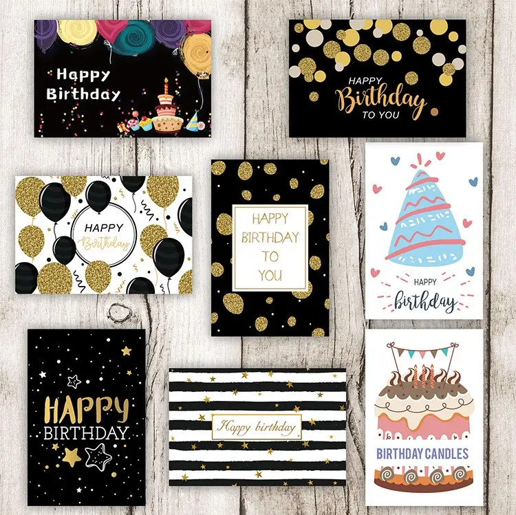 Set Of 24 Pieces Paper Card With Envelope Black Gold Dots Decorations Happy Birthday Greeting Cards